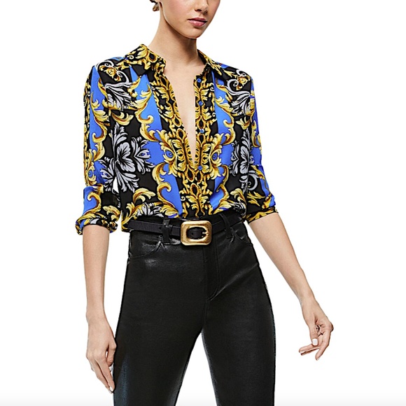 Alice and Olivia Willa Printed Silk Placket Top - Picture 7 of 12